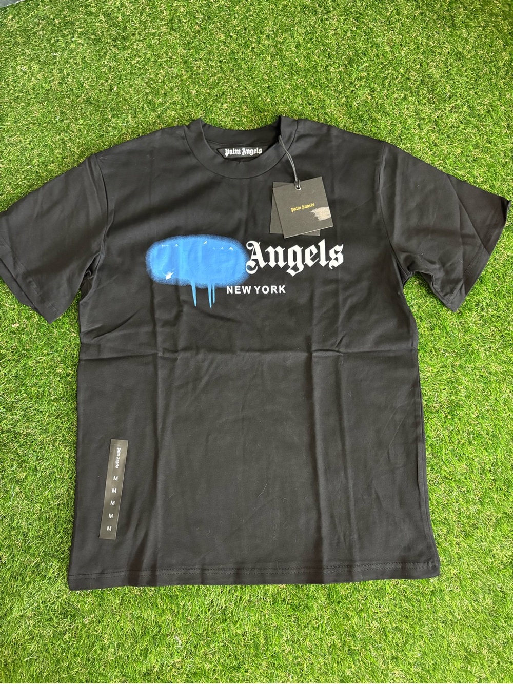 Palm Angels Men’s Black 'Angels New York' Graphic Tee with Blue Accent